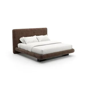 Overlap Upholstered King Bed in dark taupe vintage velvet with rounded frame and Nero Marquina stone base