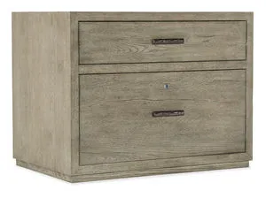 Linville Falls Lateral File in weathered smoked gray Mink finish with oak veneer, two drawers, and antique pewter metal ba...
