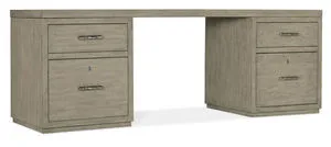84-inch Linville Falls desk in oak veneer with smoked gray mink finish, featuring two file cabinets with drawers and locks