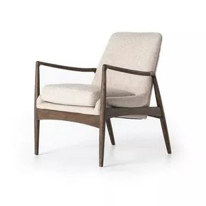 Braden Light Camel Chair with sculpted dark wood frame and light camel fabric upholstery, mid-century modern style