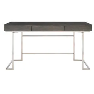 Claude Modern Oak Desk with smoke gray oak veneer top and brushed nickel stainless steel base, featuring a touch latch key...