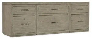 Rustic weathered smoked gray Mink 84-inch credenza with two filing drawers on each end and a central lateral file drawer