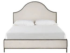 Upholstered Griffith Park Bed with slender metal frame and arched headboard in light beige fabric