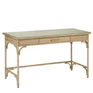 Tan desk wrapped in braided natural abaca rope with glass top and three front drawers