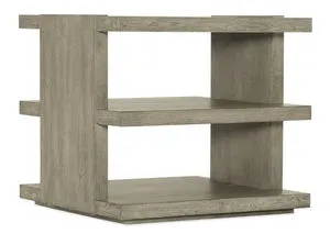Linville Falls Overlook Trails Oak Veneer End Table with two open shelves, fixed middle shelf, plinth base in soft smoked ...