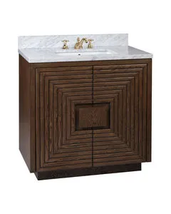 Morombe 36 inch cocoa vanity with distressed cocoa wood finish, Carrara marble top, rectangular undermount sink, and brass...