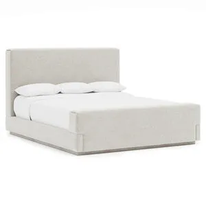 Tempo panel bed in Larza finish with pleated upholstered headboard and footboard on a plinth base