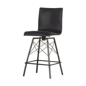 Diaw Rialto Ebony Bar Stool with curved distressed black leather seat and black-waxed iron base with geometric support