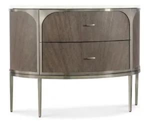 Modern Mood Two Drawer Nightstand with demilune oak veneer case, white and gray marble top, metal frame and slender pulls