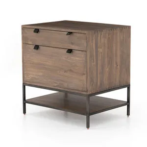 Trey Modular Filing Cabinet with greyish auburn poplar wood, metal frame base, and black leather pull handles