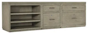 96-inch wide Linville Falls credenza in soft smoked gray Mink oak veneer with open shelves, file and lateral file drawers