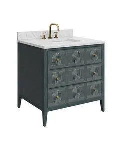 Santos 36-inch vintage navy bathroom vanity with rectangular white undermount sink, brass faucet, and concentric circle dr...