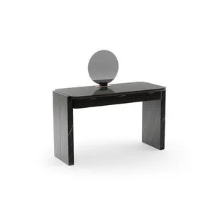 Overlap Vanity with piano black tabletop and drawers, Nero Marquina stone sides, gold trim, round mirror