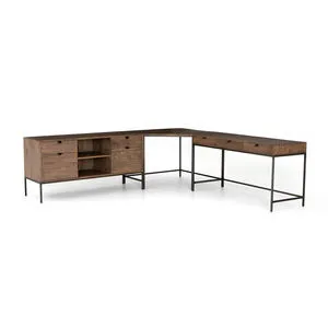 L-shaped Trey Auburn Poplar desk system with filing credenza in warm wood and black metal frame