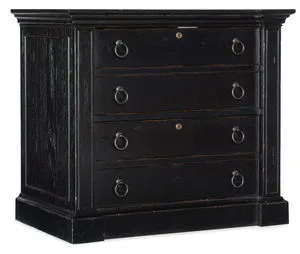 Black pecan veneer lateral file with four drawers featuring round metal ring pulls and subtle distressed finish