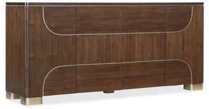 Dark walnut veneer credenza with champagne trim and feet, four touch-latch doors with curved accent lines