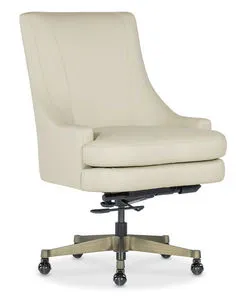 Paula Executive Swivel Tilt Chair in beige leather with cushioned seat and back, brass finish metal base with caster wheels