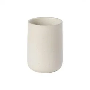 Creamy vanilla stoneware utensil holder with smooth matte finish, 5.5 by 5.5 inches cylindrical shape