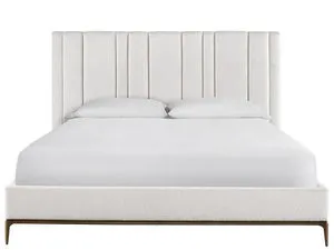 Summerland Bed with plush white upholstery and vertical channeling on tall headboard, low footboard, metal legs