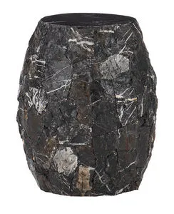 Minimalist outdoor accent table with barrel shape, laminated hand-sewn black and gray striped stone, smooth top and textur...