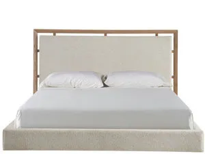 Minimalist Kendall Panel Bed with fully upholstered beige fabric and a light wood frame headboard with linear design