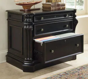 Telluride Lateral File in black with reddish brown rub-through, featuring carved scroll motifs and two file drawers with P...