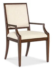 Dining arm chair with figured walnut frame and beige performance fabric upholstery