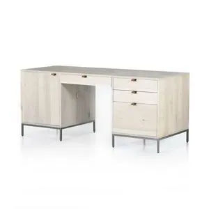 Trey Dove Poplar Executive Desk in light dove poplar wood with metal legs and leather drawer pulls