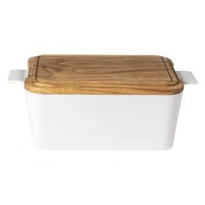 White rectangular ceramic stoneware bread box with smooth finish and oak wood lid with rounded edges and subtle grain