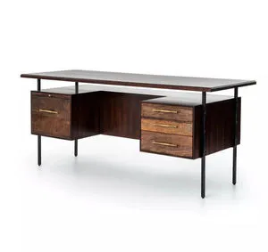 Lauren Warm Brown Acacia Desk with warm brown finish, black metal legs, two drawer units and sleek brass handles.