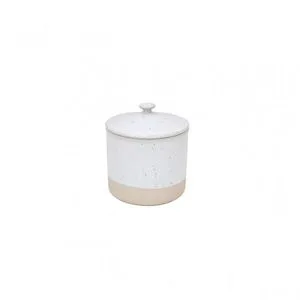 White ceramic stoneware canister with speckled design and natural unglazed base, round lid with knob