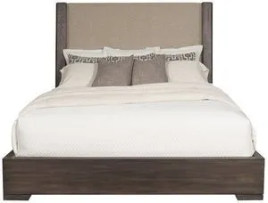 Queen-sized Ridge Bed with upholstered beige headboard and dark wood frame with simple block feet
