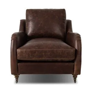 Lynne Chair in distressed classic Italian leather with rolled arms, turned legs, and casters