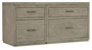 60-inch Linville Falls credenza with rustic weathered smoked gray Mink finish, two top utility drawers, one small file dra...