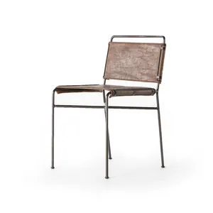 Wharton Dining Chair with distressed brown contoured seat and back, slender black steel tubing frame