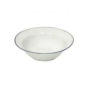 White ceramic stoneware serving bowl with blue rim, shallow and wide with smooth finish