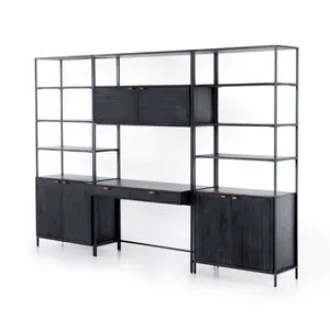 Black Wash Modular Wall Desk with two bookcases, featuring open shelves, cabinets, drawers with leather pull accents