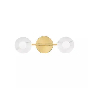 Elmont 2 Light Bath Bracket with two round white marble diffusers and a brushed gold horizontal bar and circular mount