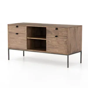 Midcentury modern Trey Modular Filing Credenza in greyish auburn poplar with metal frame and leather pulls