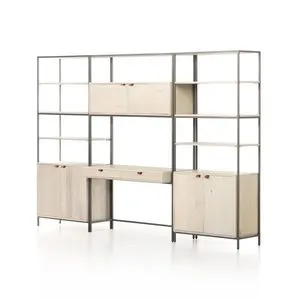 Trey Modular Wall 2 Piece Bookcase in light off-white poplar and raw iron with open shelves, closed cabinets, and drawers