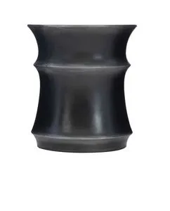 Front view of black round outdoor accent table showing smooth sculpted shape and subtle silver highlights