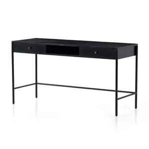 Soto Black Iron Desk with sleek black iron frame, two drawers with round bronze knobs, and open center shelf