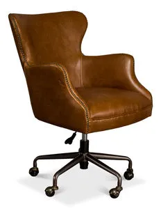 Andrew Jackson Desk Chair in Cuba Brown, high-back leather upholstery with nailhead trim and five-wheel metal base