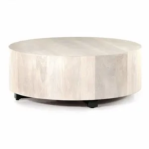 Round drum coffee table with walnut finish showing smooth cylindrical sides and slightly raised black legs
