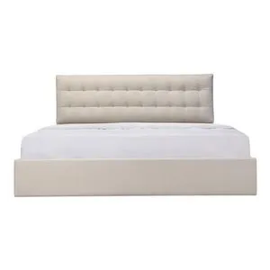 Sebastion storage bed in beige fabric upholstery with tufted double-layered headboard and low-profile footboard.