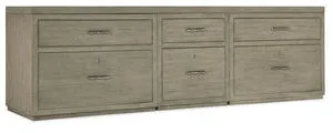 96-inch wide Linville Falls credenza in oak veneer with smoked gray mink finish, featuring a file drawer and two lateral f...