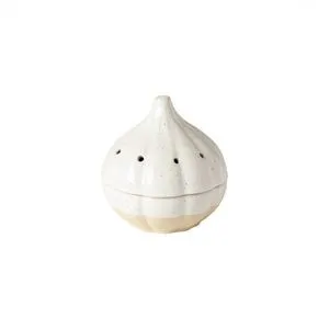White ceramic stoneware garlic canister with vent holes and beige base, shaped like a garlic bulb