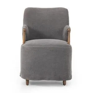 Brently Dining Chair in gray linen blend slipcover with distressed oak arms and skirted base