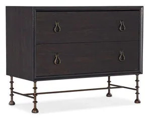 Big Sky Bachelors Chest with two dark charred timber drawers, rustic Pecky Hickory veneer, and turned metal legs and stret...
