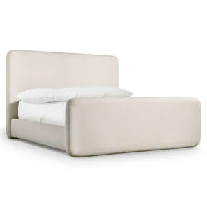 Queen-sized Bernhardt Antibes panel bed with rounded upholstered headboard and footboard in light beige fabric